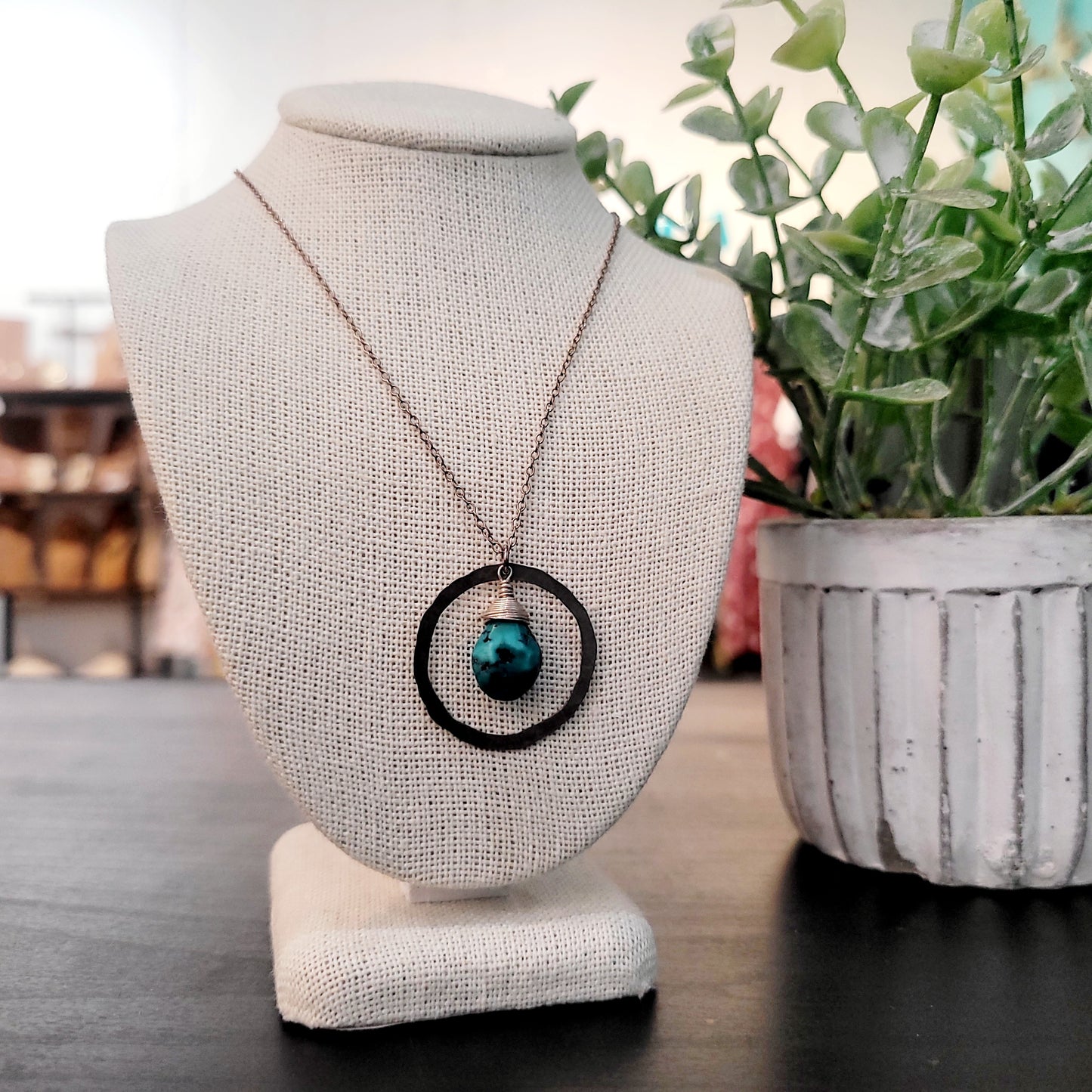 Turquoise Organic Hoop Necklace | Handmade Sterling Silver Jewelry