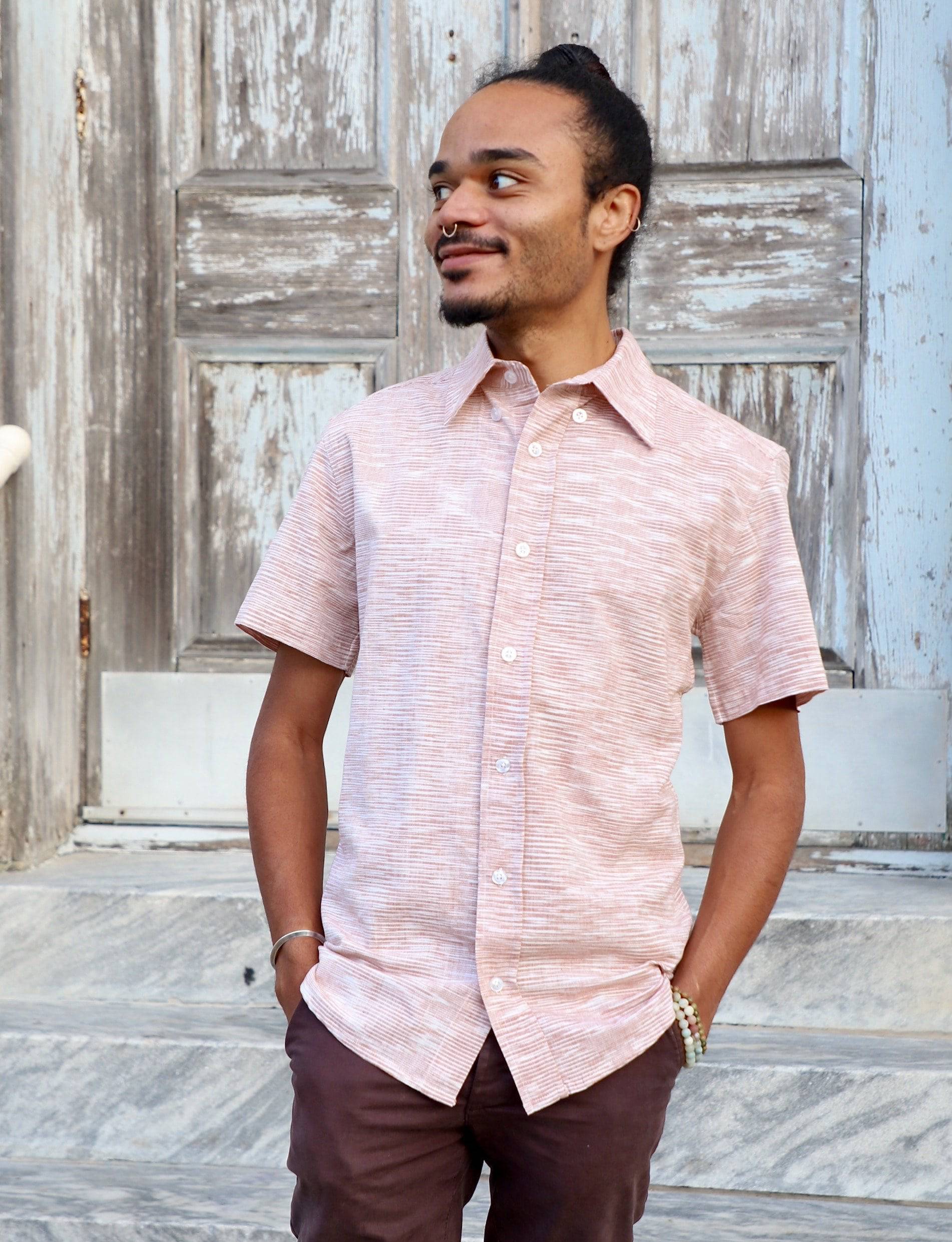 Salmon Ikat Men's Button Down Shirt - Passion Lilie - Fair Trade - Sustainable Fashion